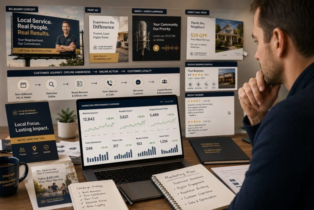 Small business owner reviewing a connected marketing strategy that combines traditional media, digital marketing, reviews, analytics, and customer action.