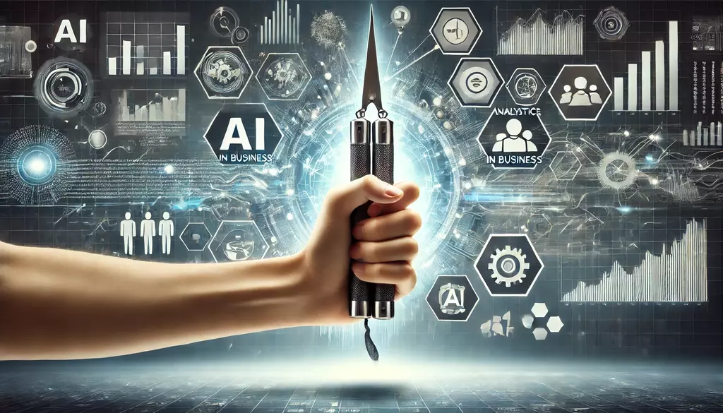 Futuristic AI-powered business analytics concept with a strong hand holding digital tools—symbolizing how technology and strategy drive growth for modern businesses