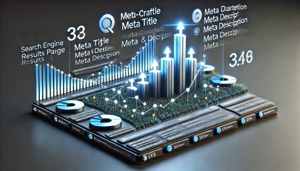KeyBuzz Digital futuristic SEO dashboard with glowing charts, arrows, and meta title and description optimization driving higher search rankings.