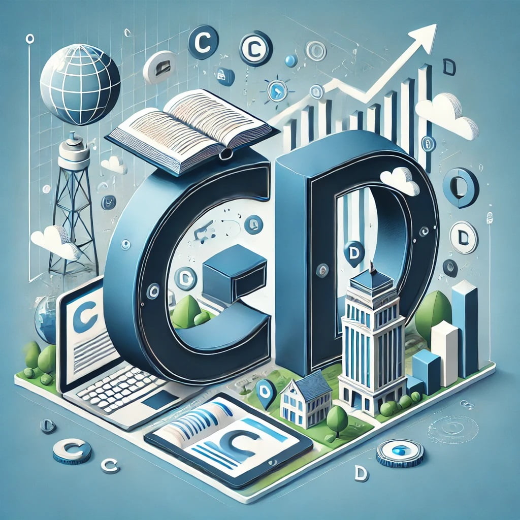 KeyBuzz Digital ABCs of SEO graphic featuring the letters C and D with books, charts, and digital icons, symbolizing content development and SEO education