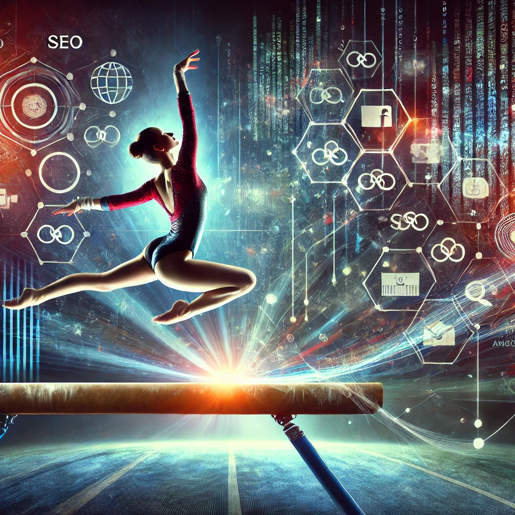 Gymnast performing a leap on a balance beam with digital icons and data streams in the background, symbolizing the precision and balance required in SEO and digital marketing strategy.