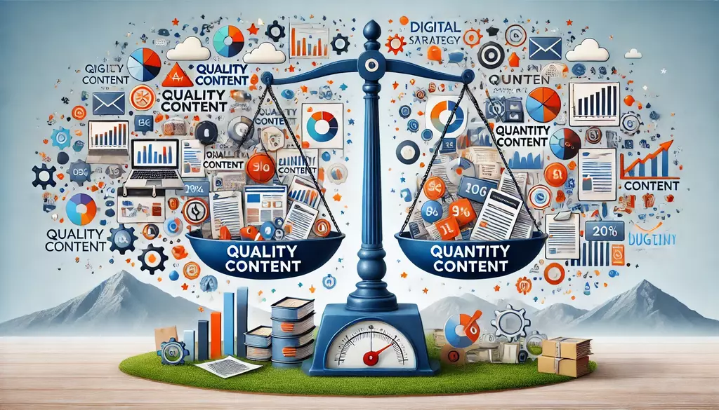 Scales balancing between quality and quantity in content marketing