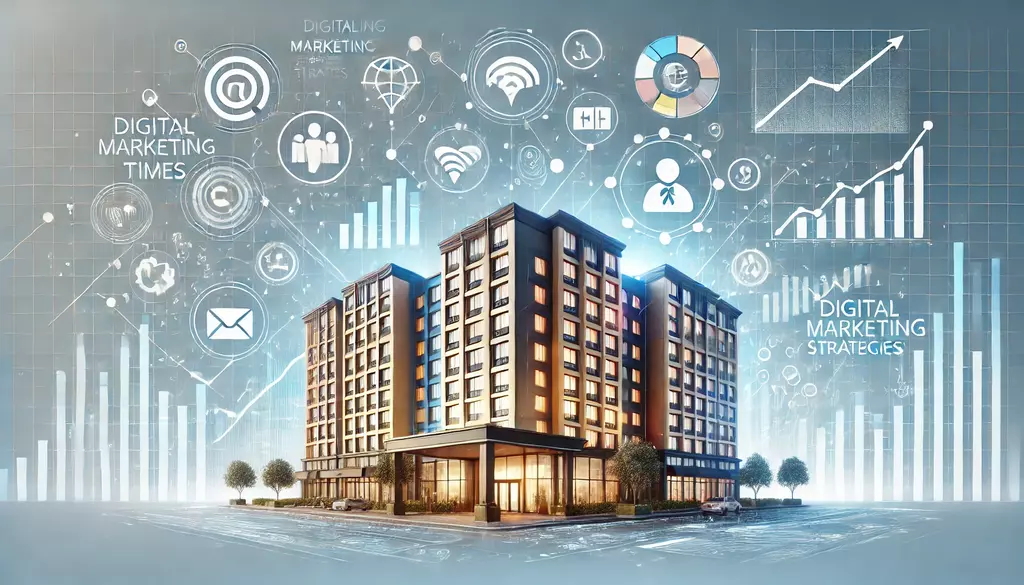 Modern hotel building surrounded by digital marketing icons and growth charts symbolizing keybuzz digital strategies that help hotels thrive with seo social media and online marketing   keybuzz digital marketing services
