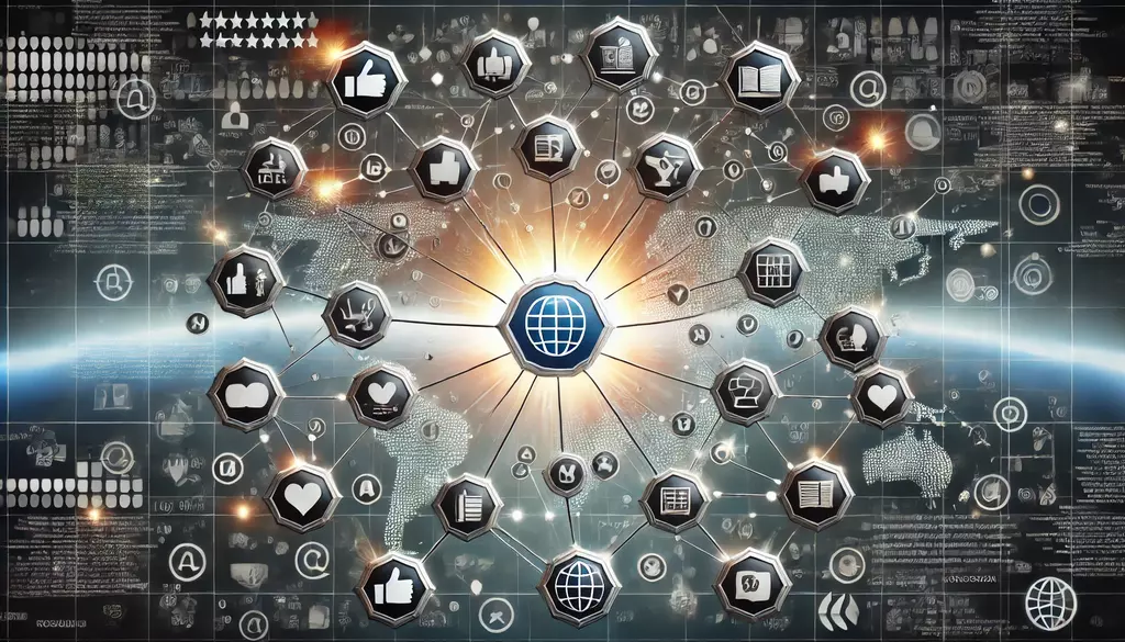 Futuristic digital graphic of interconnected websites, symbolizing backlinks and online authority, with one central site connected across a global SEO network."