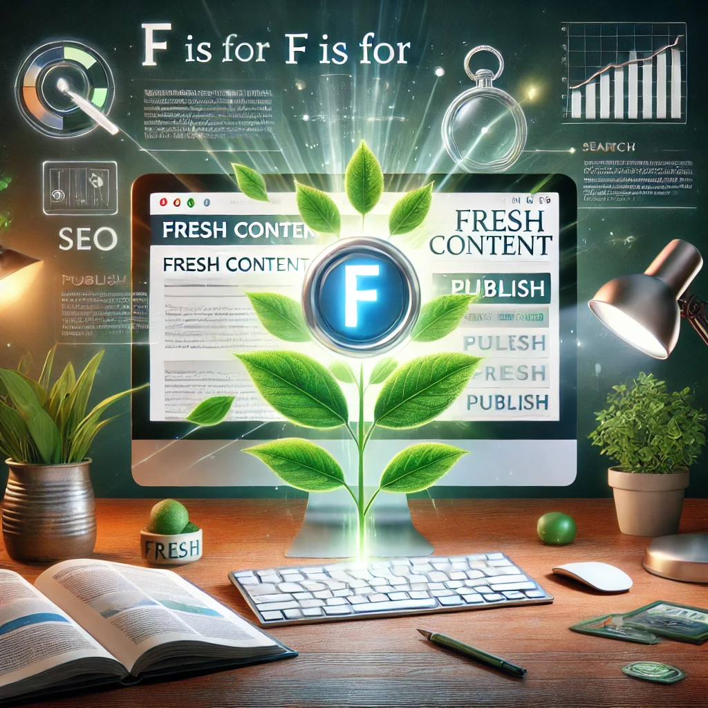 KeyBuzz Digital ABCs of SEO graphic showing F is for Fresh Content with a glowing plant growing in front of a computer screen, symbolizing the importance of updated content for SEO growth.