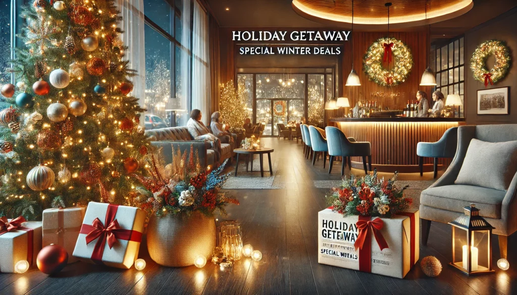 Luxury hotel lobby decorated for the holidays with Christmas tree, wreaths, and seasonal lights promoting holiday getaway winter deals.