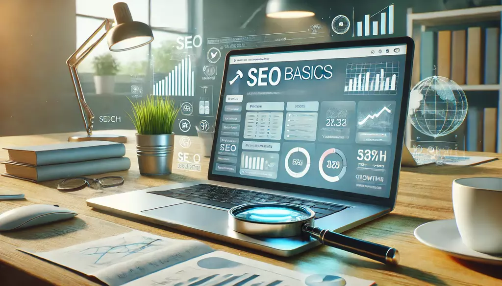 Digital workspace with laptop displaying SEO tools, analytics, and growth charts, representing essential SEO basics for small business owners.
