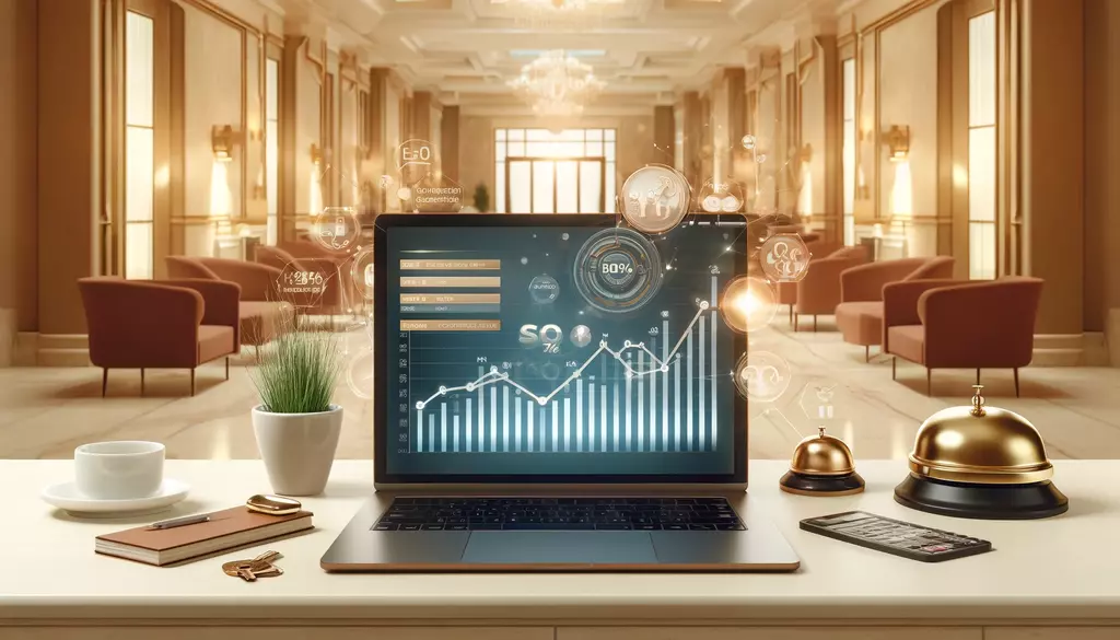 Luxurious hotel setting with a tablet showing a booking page, arrows pointing to 'Book Now' and upward graphs symbolizing conversion optimization for increased direct bookings.