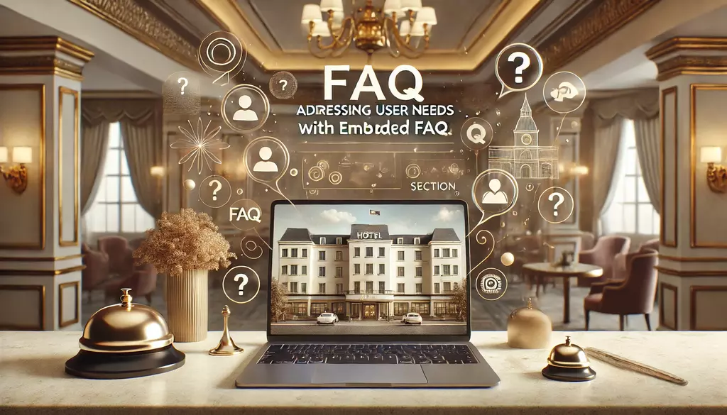 Luxury hotel reception with laptop showcasing FAQ section integration, highlighting how embedded FAQs improve guest experience and SEO visibility.