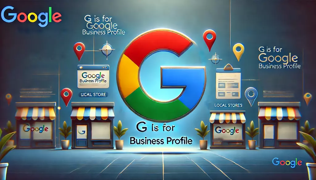 KeyBuzz Digital graphic with large Google ‘G’ surrounded by local store icons and map pins, illustrating G is for Google Business Profile and its role in local SEO."