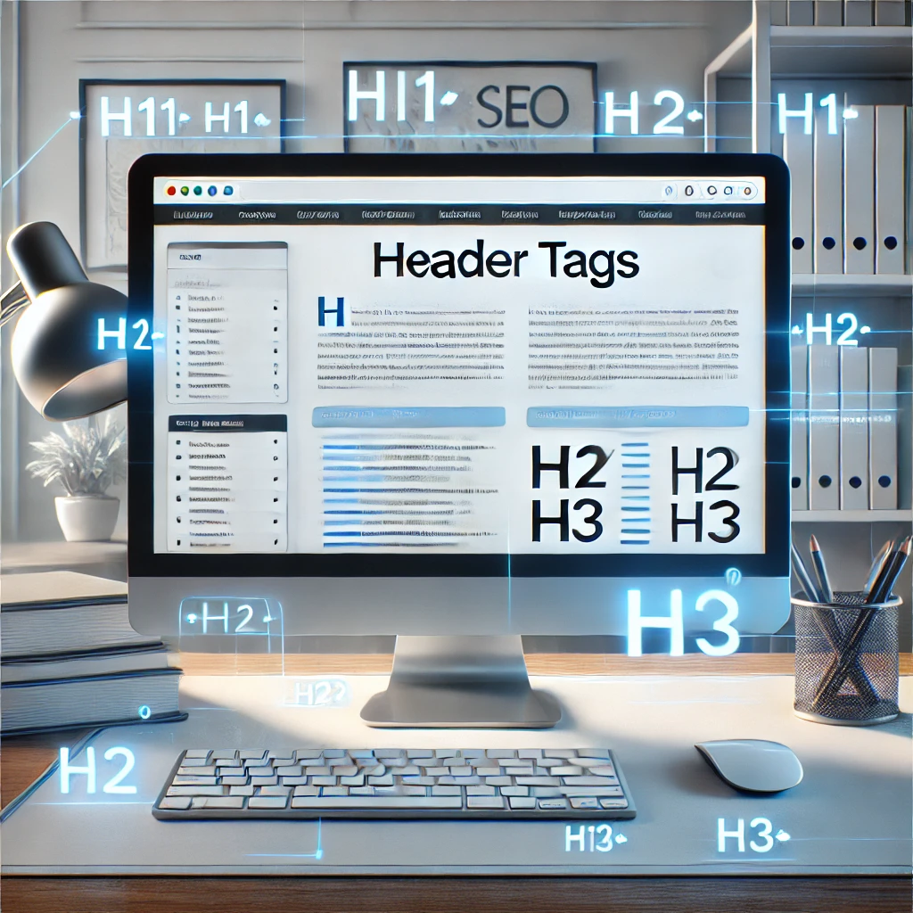 KeyBuzz Digital graphic of a modern desk with a computer screen displaying H1, H2, and H3 header tags, illustrating the importance of structured headings for SEO
