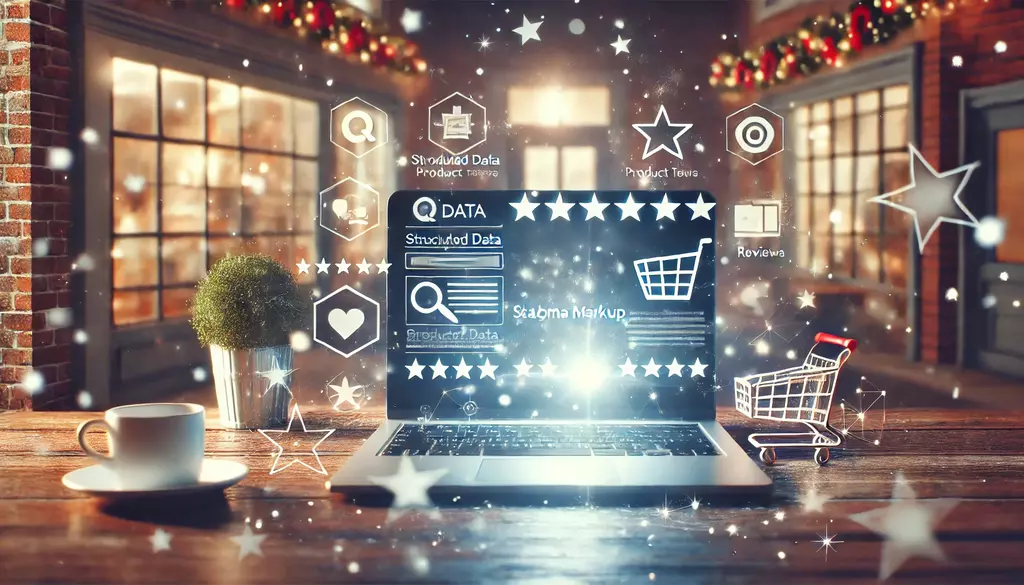 AI Generated Image depicting computer and highlighting rich snippets such as reviews or product details