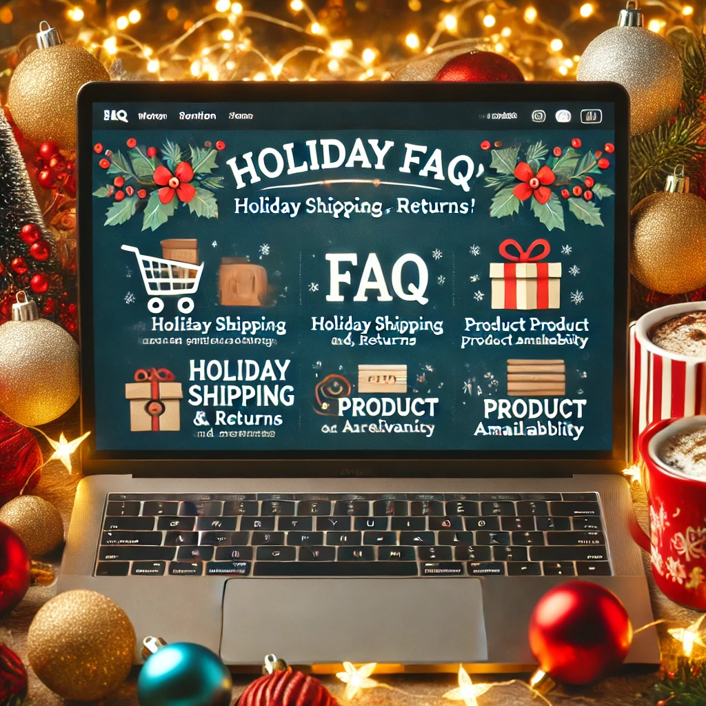 Laptop screen displaying Holiday FAQ page about shipping and returns, surrounded by Christmas lights, ornaments, and festive decorations, symbolizing seasonal customer service and e-commerce marketing.