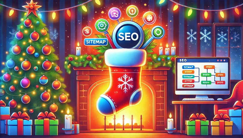 Festive holiday SEO concept with Christmas stocking, sitemap icons, and glowing decorations—reminding businesses that even during the holidays, smart SEO keeps your digital presence shining bright