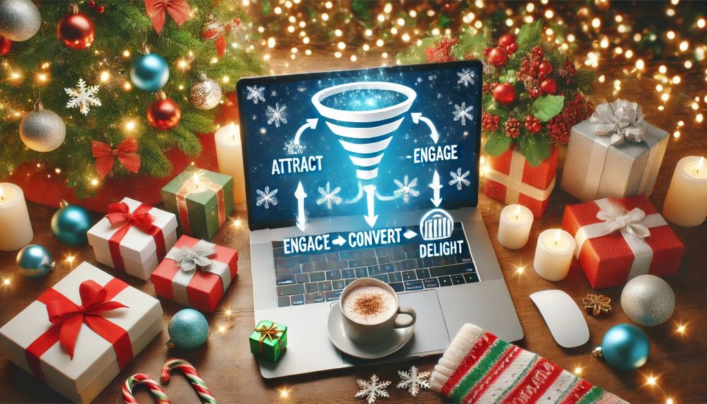 Holiday digital marketing funnel on laptop screen showing attract engage convert and delightreminding businesses that seo and strategy keep customers moving through the journey all season long   keybuzz digital marketing services