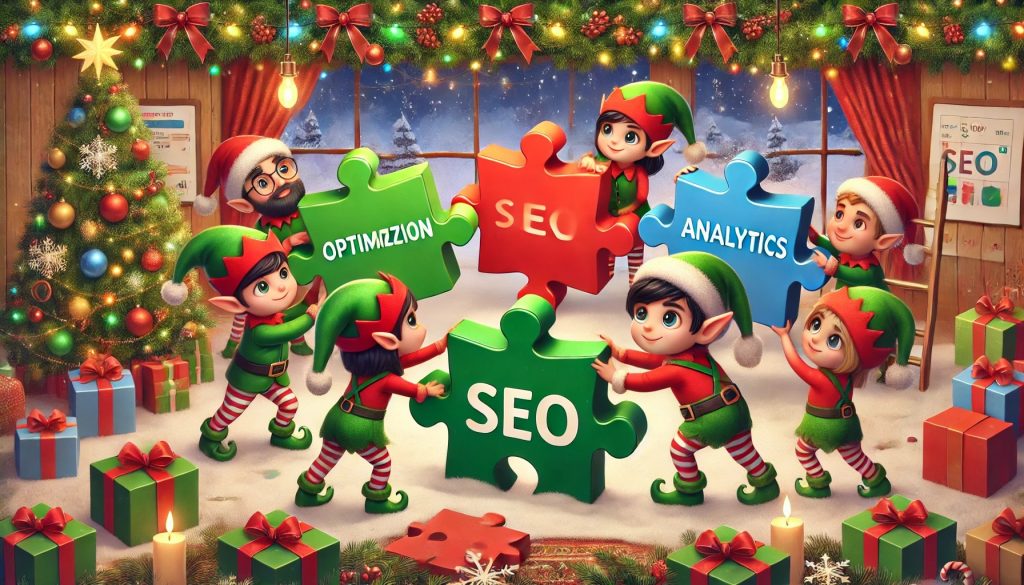 Holiday elves assembling SEO, optimization, and analytics puzzle pieces, symbolizing how KeyBuzz Digital brings every part of digital marketing together for small business growth.