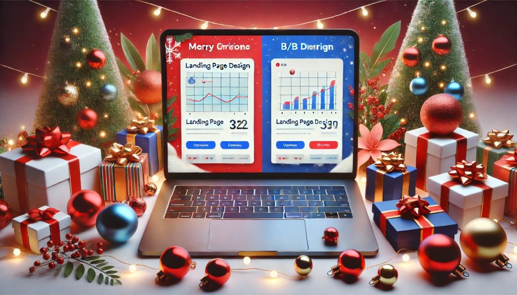 Festive holiday marketing scene with a laptop showing ab testing results for landing page designs surrounded by christmas trees gifts and ornaments   keybuzz digital marketing services