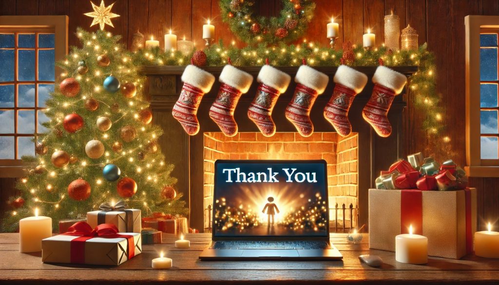 Holiday scene with Christmas tree, stockings, and laptop showing 'Thank You,' symbolizing KeyBuzz Digital’s appreciation for clients and the value of customer relationships.