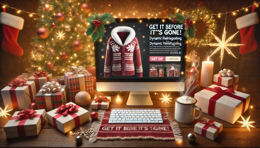 "Festive holiday marketing scene with a computer screen showing a limited-time sweater deal, Christmas decorations, gifts, and FOMO messaging to drive conversions