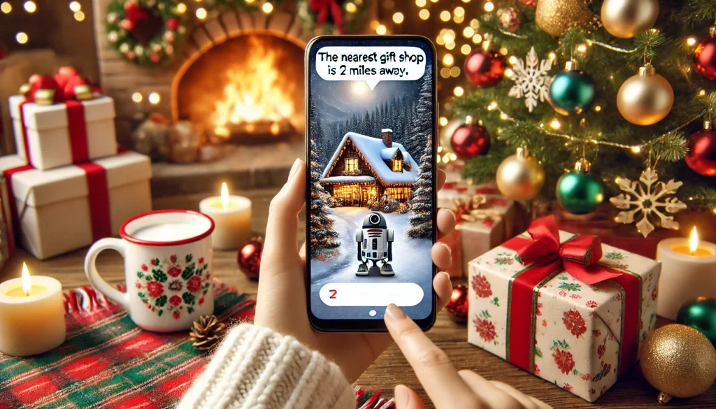 Holiday scene with smartphone showing voice search result from a robot assistant, highlighting the importance of optimizing SEO for voice search during the holiday shopping season.