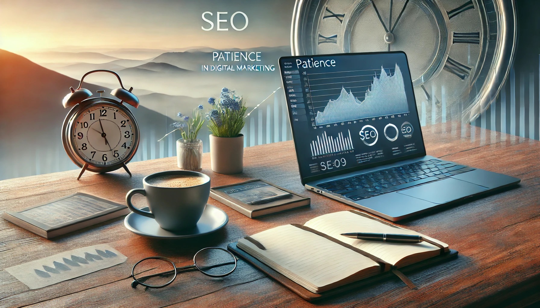 Laptop with seo performance charts on a desk beside a clock coffee and notebook symbolizing patience and long term strategy in digital marketing and search engine optimization   keybuzz digital marketing services