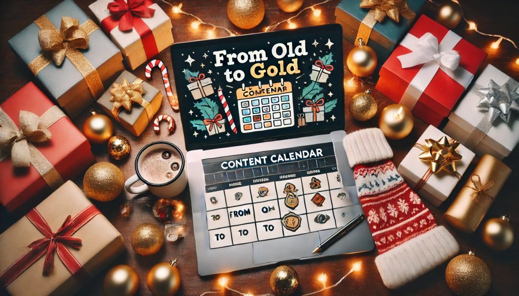 Festive holiday scene with laptop showing 'From Old to Gold' content calendar, symbolizing repurposing old content into fresh SEO-driven holiday marketing opportunities