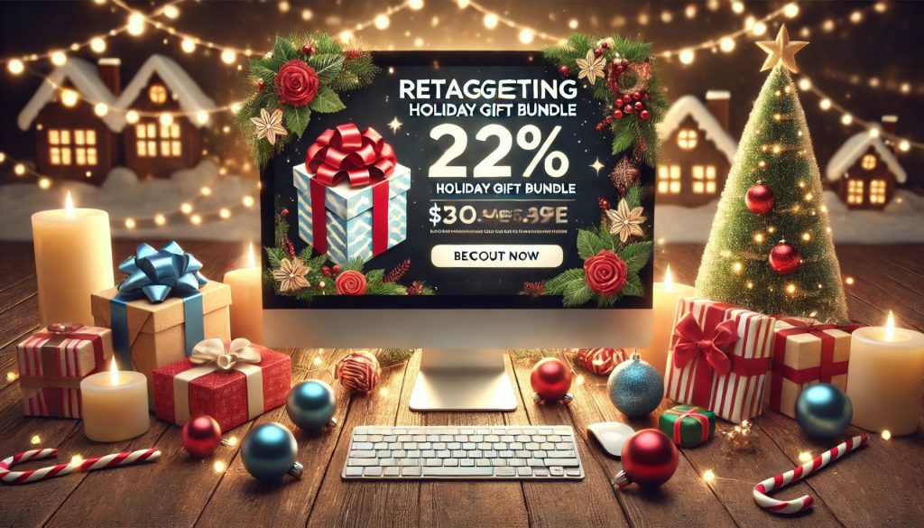 Festive holiday desktop with computer showing retargeting ad bundle discount, surrounded by Christmas lights, tree, gifts, and candles—KeyBuzz Digital seasonal remarketing strategy