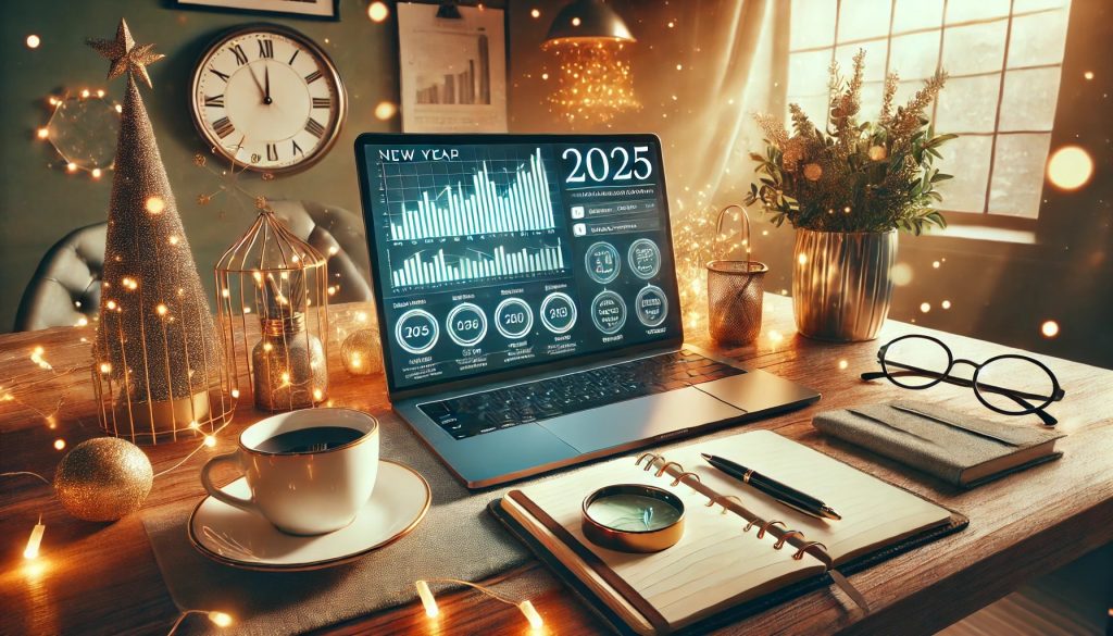 Festive workspace with laptop showing 2025 SEO performance insights, surrounded by holiday lights, coffee, and planning tools—symbolizing digital strategy preparation for the new year.