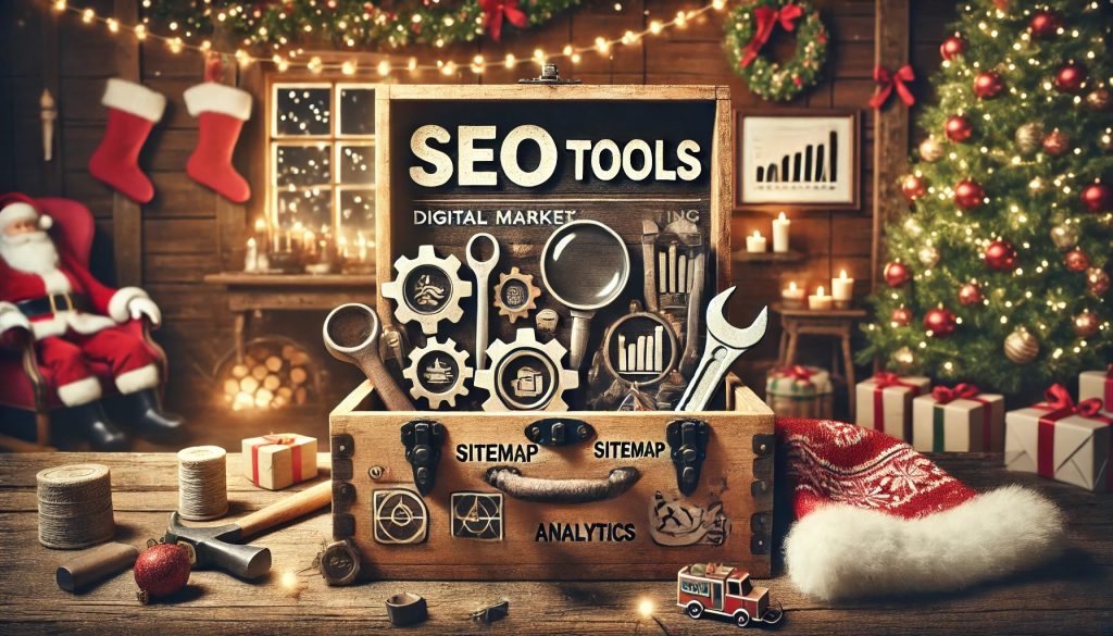 Festive holiday-themed SEO tools box with analytics, sitemaps, and optimization icons, set beside Santa, gifts, and Christmas décor—KeyBuzz Digital’s seasonal SEO strategy