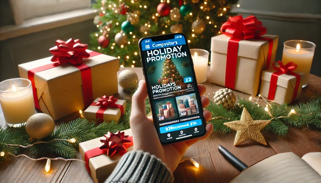 Person holding phone showing competitor’s holiday promotion, surrounded by Christmas gifts and decorations, symbolizing the importance of tracking competitor campaigns with KeyBuzz Digital.