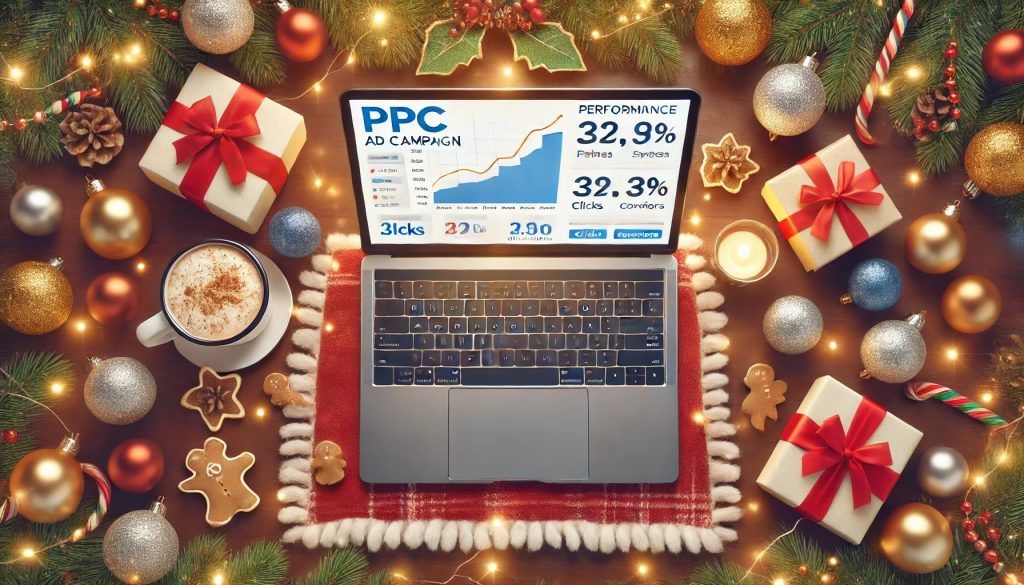 Festive holiday workspace with laptop showing PPC ad campaign performance metrics, surrounded by Christmas lights, gifts, and coffee—KeyBuzz Digital seasonal marketing strategy."