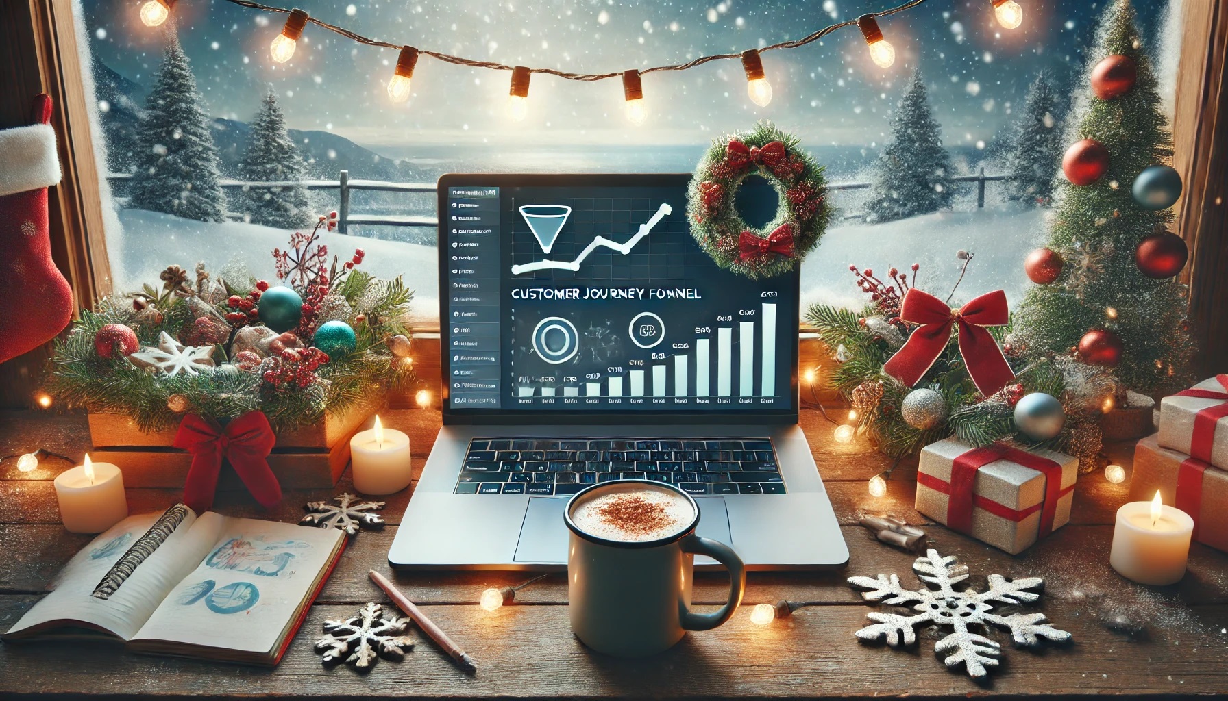 Festive holiday scene with laptop showing customer journey funnel symbolizing keybuzz digitals seo strategy and planning support for small businesses during the holiday season   keybuzz digital marketing services