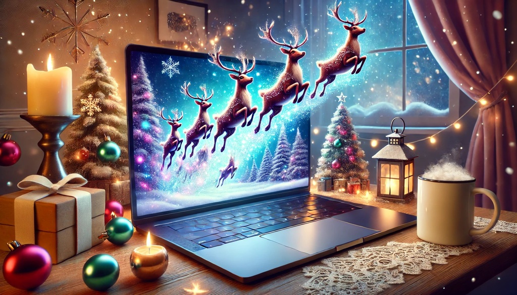 Festive holiday scene with reindeer flying out of a laptop screen, symbolizing how SEO and schema can bring seasonal digital marketing to life for small businesses.