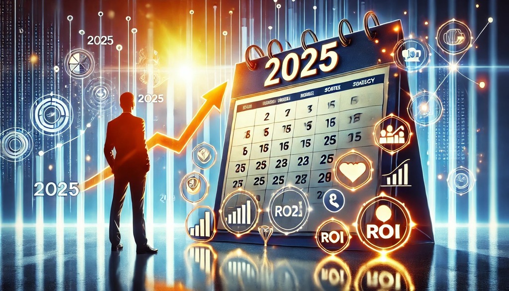 Business leader looking at a glowing 2025 calendar with rising ROI and growth icons, symbolizing strategic planning and marketing success for the year ahead