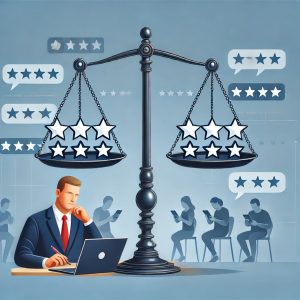 "Illustration of business professional weighing online reviews on a balanced scale, symbolizing how KeyBuzz Digital manages review response to build trust and reputation.