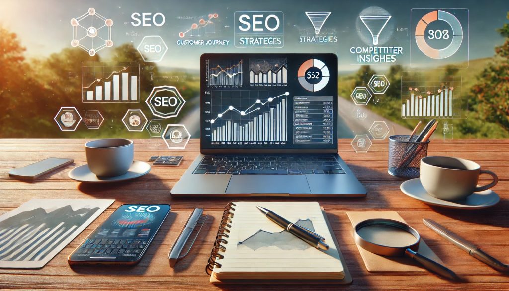 SEO strategy planning setup with laptop, smartphone, and charts on a desk, displaying analytics, competitor insights, and growth metrics—visualizing effective digital marketing and optimization success.
