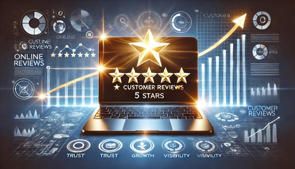 A professional and visually engaging digital concept showcasing the power of online reviews in boosting SEO The central element is a sleek laptop display