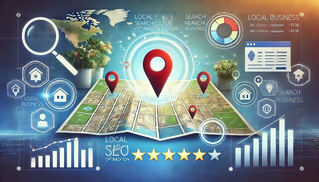 Local SEO optimization concept with map location pins, analytics charts, and business icons representing strategies to boost visibility for local businesses