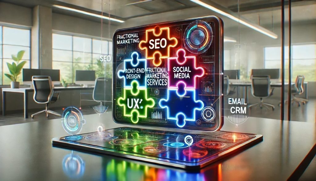Futuristic digital marketing concept showing puzzle pieces for SEO, social media, UX, fractional marketing, front-end design, and CRM integration.