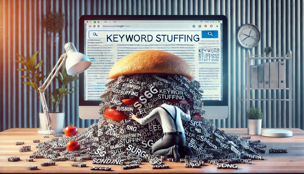 A conceptual and artistic representation of keyword stuffing The image shows a person struggling to eat an oversized sandwich overflowing with random