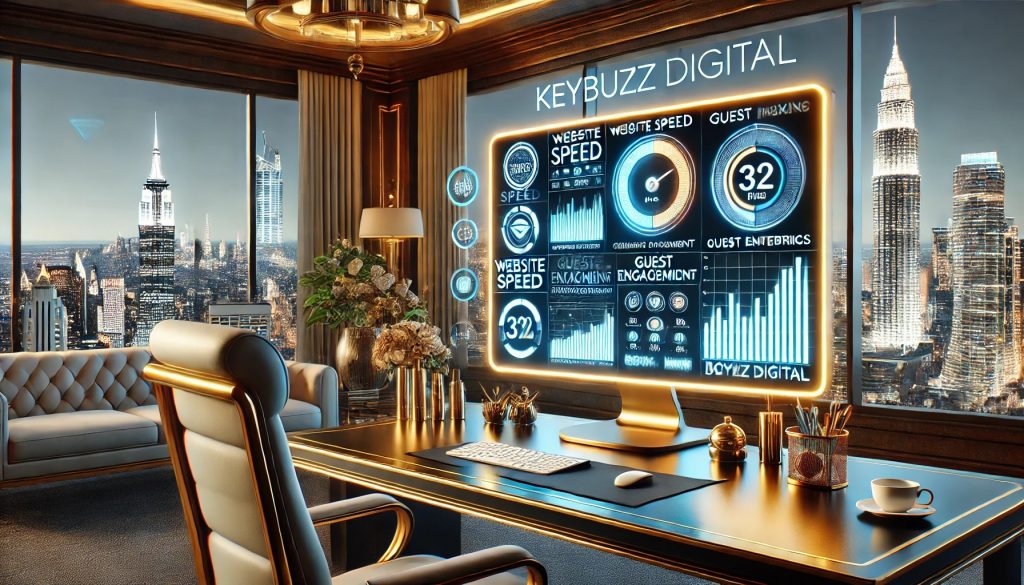 A luxurious office setting for hotel executives with a sleek monitor displaying analytics related to hotel SEO strategies