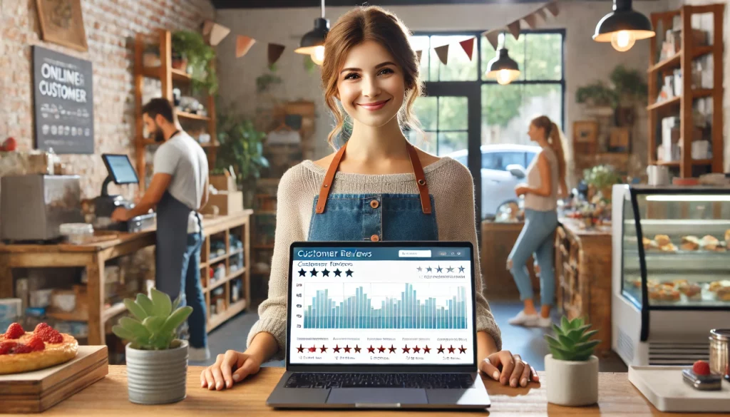 Friendly female small business owner casually dressed reviewing online customer reviews
