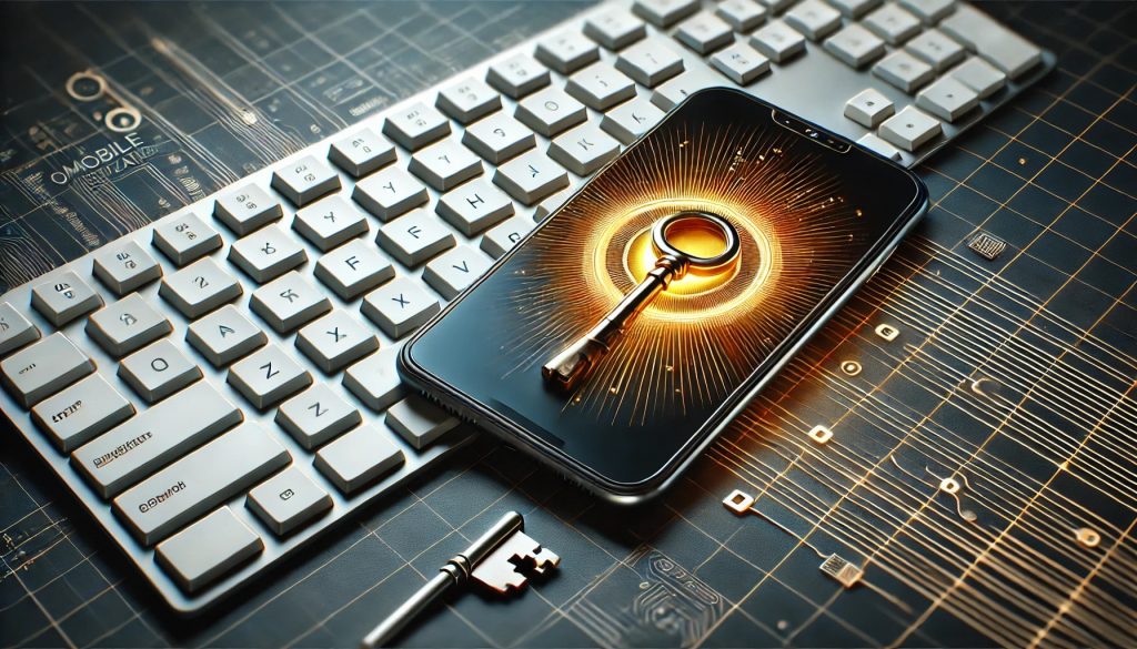 Mobile optimization for SEO featuring a smartphone lying on a keyboard