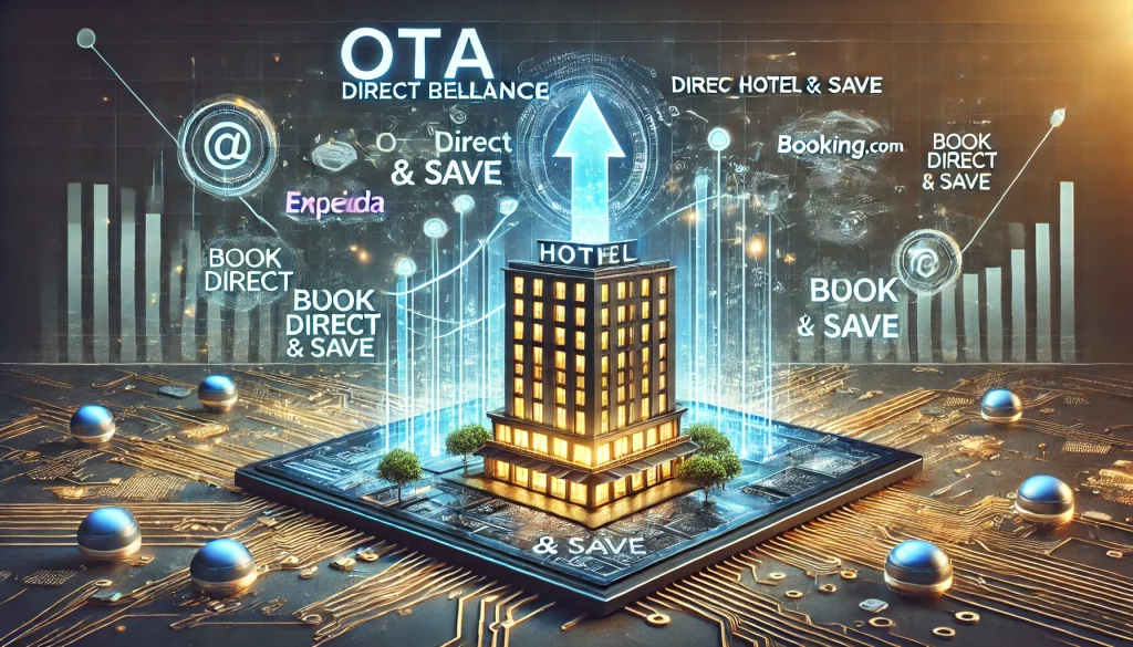 Futuristic hotel booking dashboard highlighting reduced OTA dependency with increased direct bookings and a glowing ‘Book Direct & Save’ button.