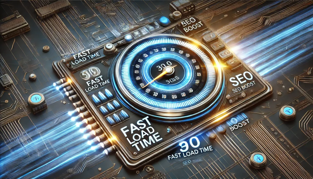 Futuristic digital speedometer on a website interface, symbolizing page speed optimization with fast load times, improved SEO, and enhanced user experience.