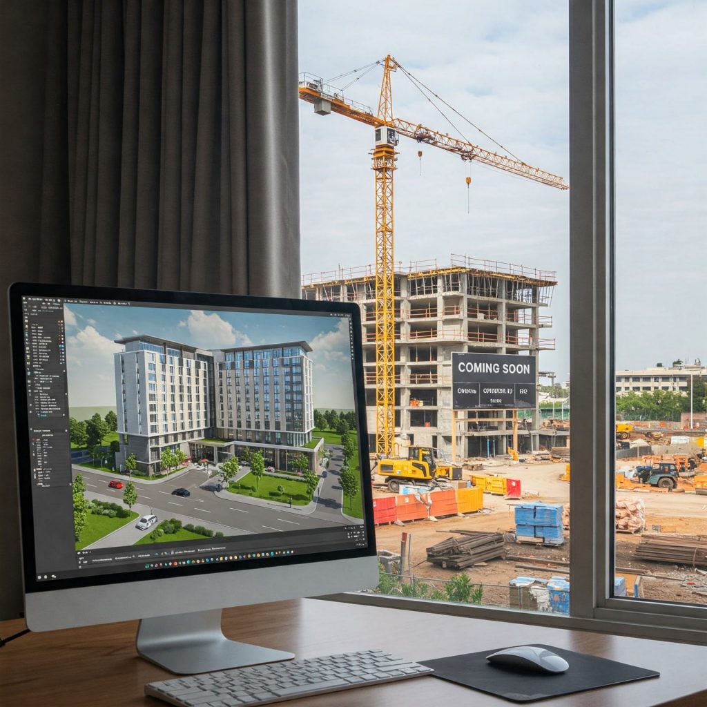 Hotel pre-opening: Computer screen shows hotel rendering, background shows construction site