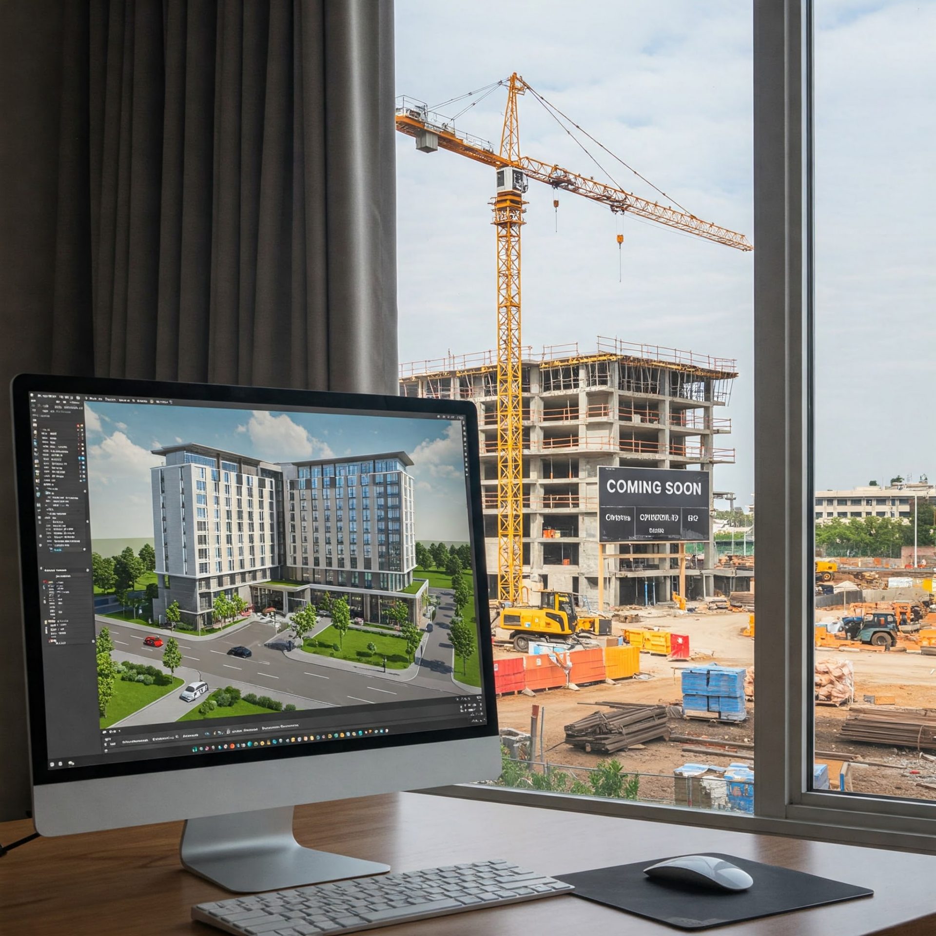 Hotel pre opening computer screen shows hotel rendering background shows construction site   keybuzz digital marketing services