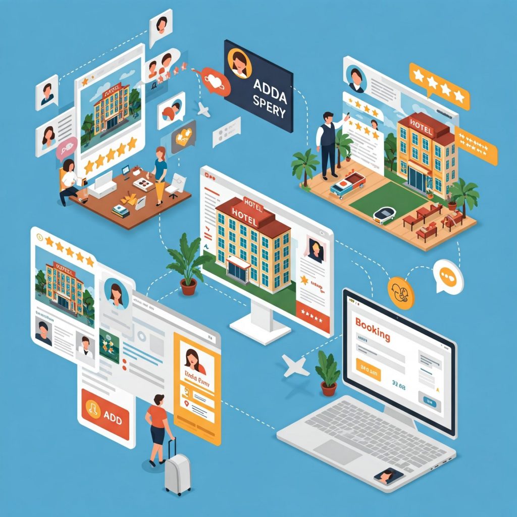 Illustration of a hotel revenue management journey, starting with online reviews, digital ads, and social media, leading to a seamless website experience and ending at the booking engine screen.