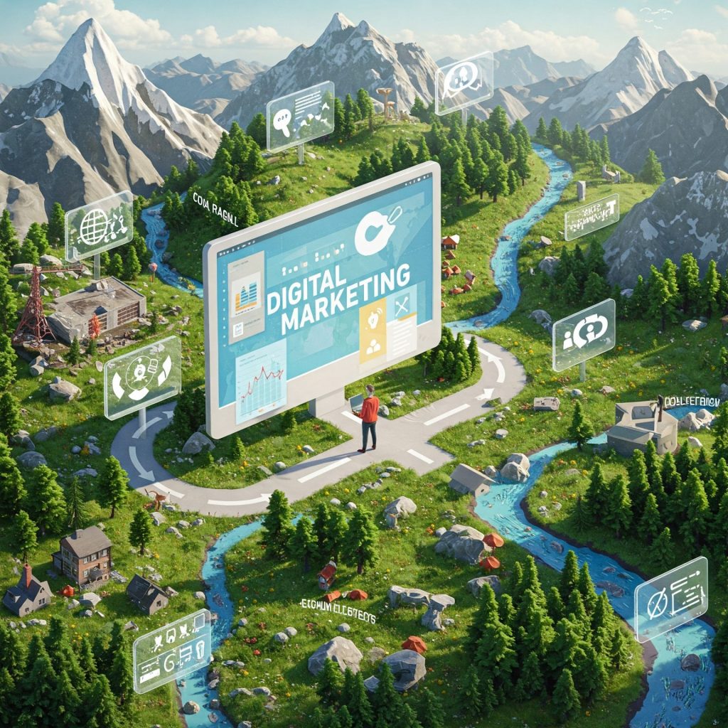 Illustration of a person standing before a giant digital marketing screen in a scenic mountain landscape, symbolizing the journey of navigating online marketing strategies and growth paths.