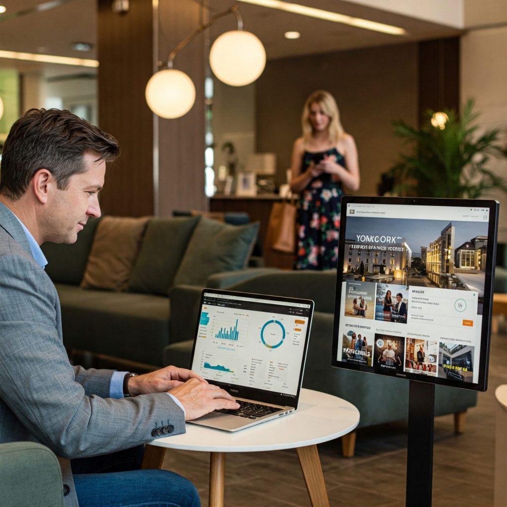 Hotel executive analyzing digital marketing performance on laptop with guest engagement dashboard on display, highlighting the importance of SEO and analytics in hospitality success.